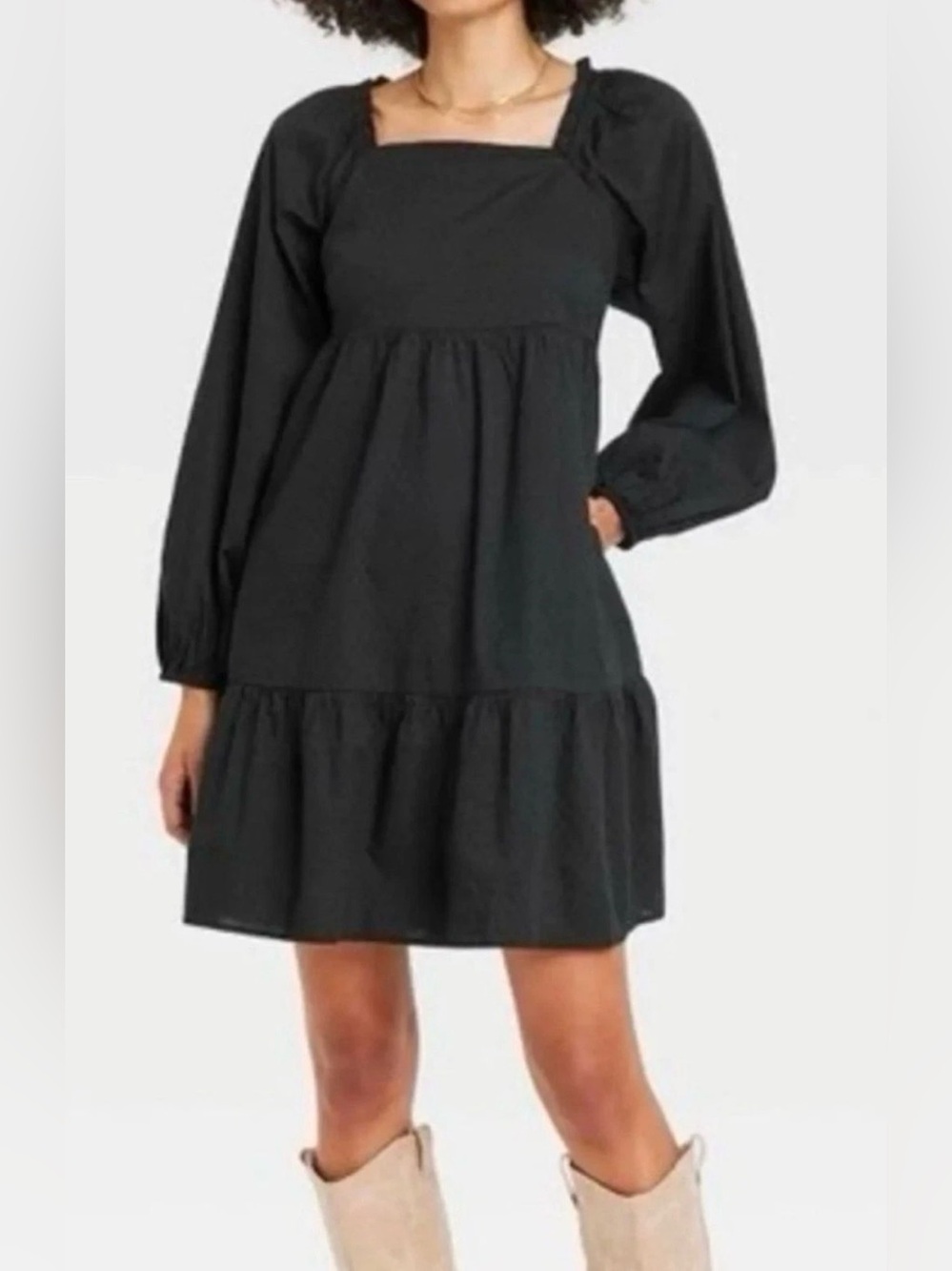 Black Square Neck Long Sleeve Tiered Mini Dress
